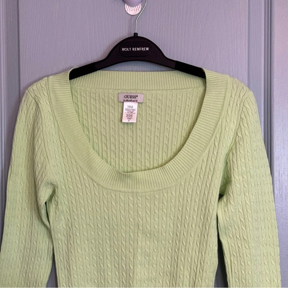 VTG Guess Y2K Knit Sweater Sz M Green Preppy Brat 90s Bodycon Wide Neck Pullover - Picture 4 of 10